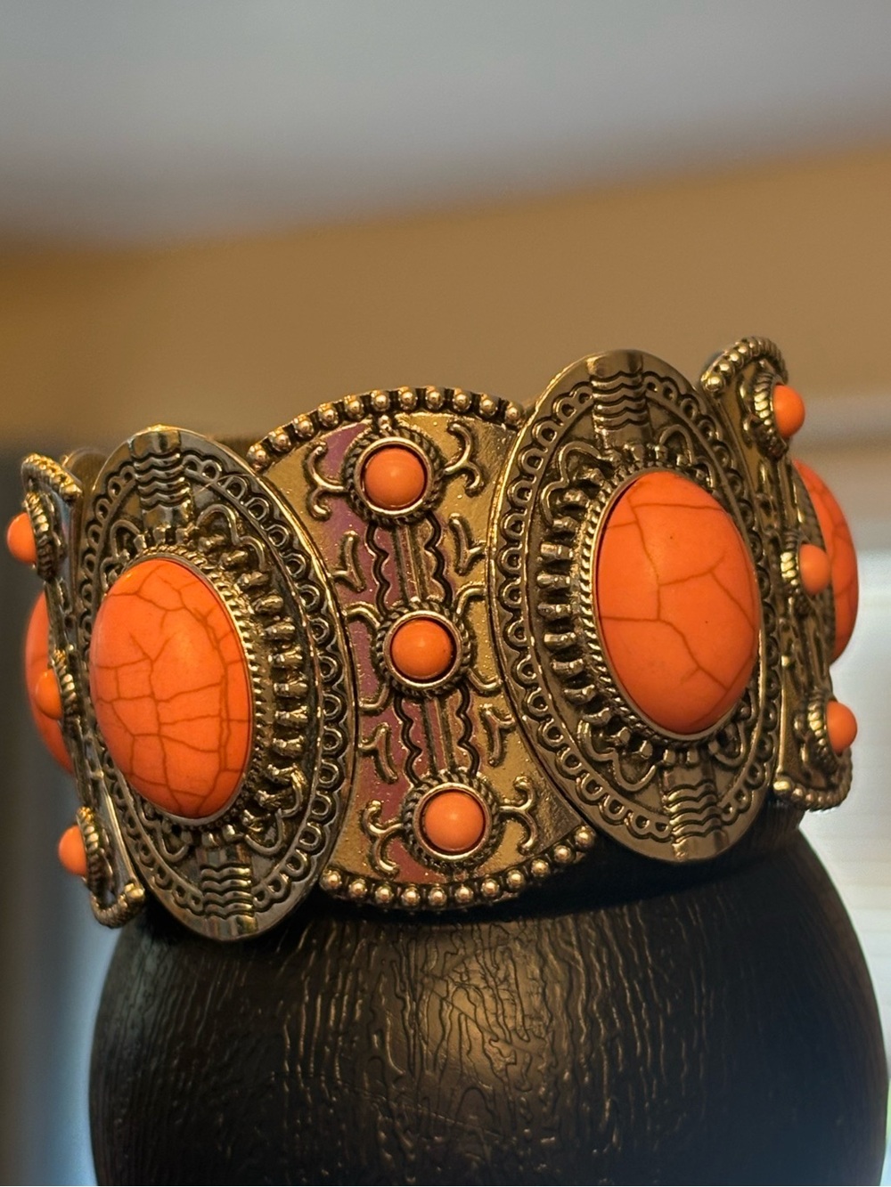 Bohemian Orange Stone and Antique Silver Cuff Bracelet